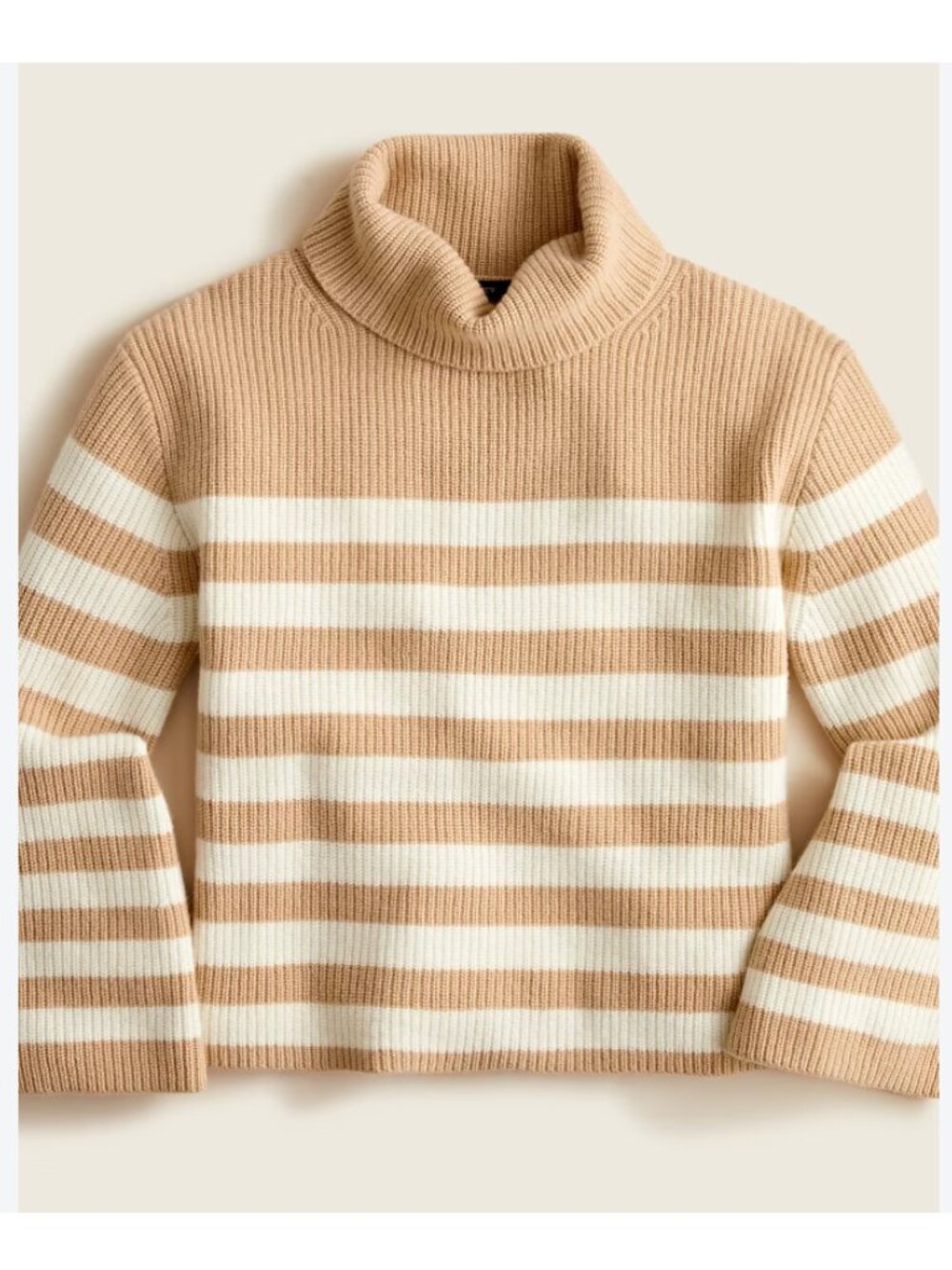 J Crew Wool cashmere relaxed turtleneck in stripe cropped tan white m medium rib